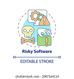 Riskäre Software-Konzept-Symbol. Online-Piraterie Nachteil abstrakte Idee dünne Linie Illustration. Nicht lizenzierte Anwendungen. Gefahren durch Raubmaterial. Vektorgrafik einzeln auf Umrissfarben. Bearbeitbarer Hub