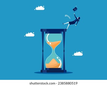 Risky time. Businesswoman slips and falls on an hourglass. Vector