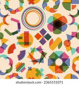 Riso effect pattern. Seamless print with retro glitch overlapped effect, abstract 90s style linocut design. Vector texture. Round, square and triangle vivid shapes wrapping paper or wallpaper