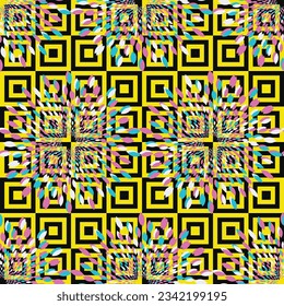 Riso graph style aesthetic seamless pattern. Colorful geometric shapes in trendy print texture style. Creative design. 