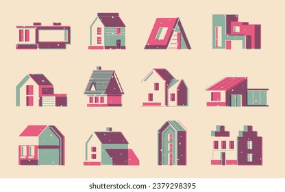 Riso houses printing. Postcard village houses with roofs and windows, cute urban home vintage print with front and side view. Vector isolated set. Countryside outdoor cottage or mansion