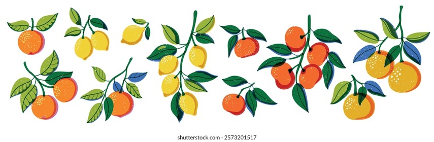 Riso print citrus. Cartoon lemon orange tangerine and grapefruit fruits, colorful botanical elements for juice packaging design. Vector isolated set.