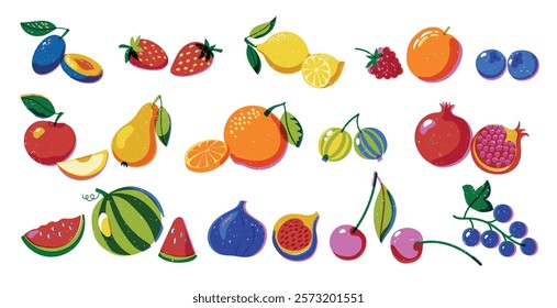 Riso print fruits. Retro botanical berry and fruit stamps, vintage plum apple strawberry lemon watermelon icons. Vector isolated collection.