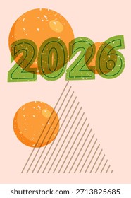 Risógrafo 2026 com formas geométricas. Objetos no design de estilo de textura de impressão de gráfico riso moderno com elementos de geometria.