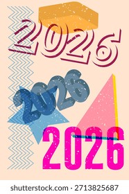 Risógrafo 2026 com formas geométricas. Objetos no design de estilo de textura de impressão de gráfico riso moderno com elementos de geometria.