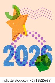 Risógrafo 2026 com formas geométricas. Objetos no design de estilo de textura de impressão de gráfico riso moderno com elementos de geometria.