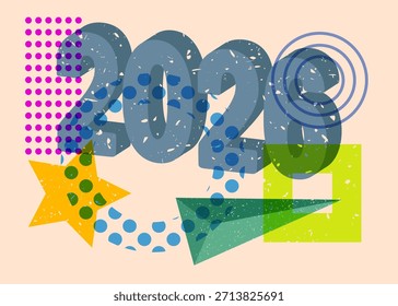 Risógrafo 2026 com formas geométricas. Objetos no design de estilo de textura de impressão de gráfico riso moderno com elementos de geometria.