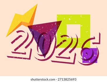 Risógrafo 2026 com formas geométricas. Objetos no design de estilo de textura de impressão de gráfico riso moderno com elementos de geometria.