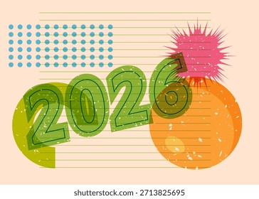 Risógrafo 2026 com formas geométricas. Objetos no design de estilo de textura de impressão de gráfico riso moderno com elementos de geometria.