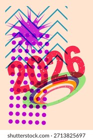 Risógrafo 2026 com formas geométricas. Objetos no design de estilo de textura de impressão de gráfico riso moderno com elementos de geometria.
