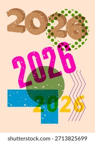 Risógrafo 2026 com formas geométricas. Objetos no design de estilo de textura de impressão de gráfico riso moderno com elementos de geometria.