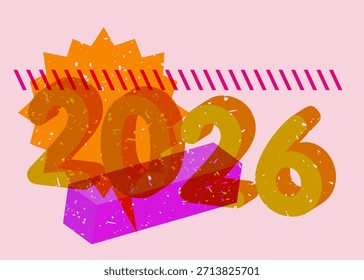 Risógrafo 2026 com formas geométricas. Objetos no design de estilo de textura de impressão de gráfico riso moderno com elementos de geometria.
