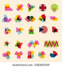 Risograph Abstract design feat 25 colorful geometric shapes on a plain cream background. Overlays of triangles, circles, and unique patterns make it ideal for branding, posters, or modern illustration