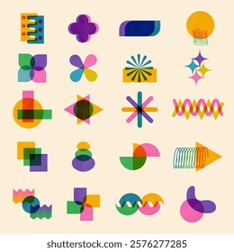 Risograph abstract shape geometric set ,with colorful pink, yellow, green, and blue with a subtle halftone texture, the  shapes in trendy risography print style. Vector illustration