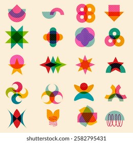 Risograph abstract shape geometric set, overlapping  arranged in a grid on a beige background.colorful including stars, circles, arrows, creating a playful and modern.Perfect for modern art print
