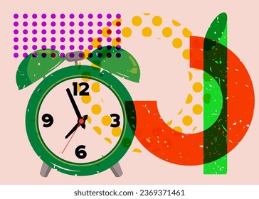 Risograph alarm clock wirh geometric shapes. Waking up early morning concept with objects in trendy riso graph design, print texture style.