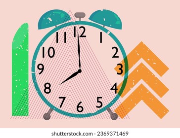 Risograph alarm clock wirh geometric shapes. Waking up early morning concept with objects in trendy riso graph design, print texture style.