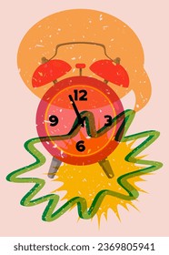 Reloj de alarma de Risograph con burbuja de voz y formas geométricas. Despertar el concepto de madrugada con objetos en diseño moderno de grafo de riso, estilo de textura de impresión.