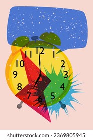 Risograph alarm clock wirh speech bubble and geometric shapes. Waking up early morning concept with objects in trendy riso graph design, print texture style.