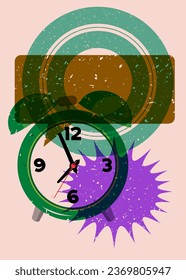 Risograph alarm clock wirh speech bubble and geometric shapes. Waking up early morning concept with objects in trendy riso graph design, print texture style.
