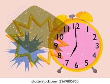 Risograph alarm clock wirh speech bubble and geometric shapes. Waking up early morning concept with objects in trendy riso graph design, print texture style.