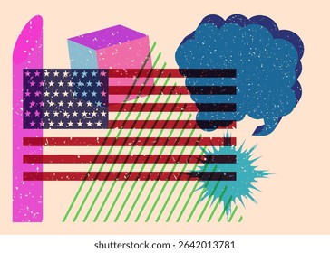 Risograph American Flag with speech bubble with geometric shapes. Objects in trendy riso graph print texture style design with geometry elements.