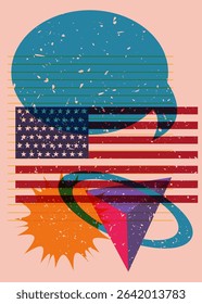 Risograph American Flag with speech bubble with geometric shapes. Objects in trendy riso graph print texture style design with geometry elements.