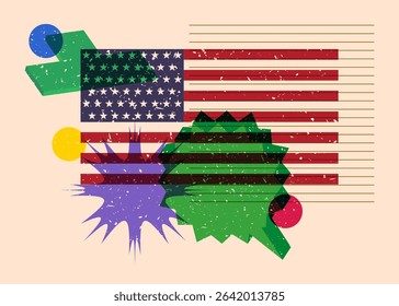 Risograph American Flag with speech bubble with geometric shapes. Objects in trendy riso graph print texture style design with geometry elements.