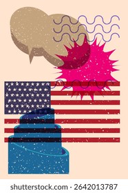 Risograph American Flag with speech bubble with geometric shapes. Objects in trendy riso graph print texture style design with geometry elements.