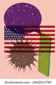 Risograph American Flag with speech bubble with geometric shapes. Objects in trendy riso graph print texture style design with geometry elements.