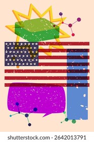 Risograph American Flag with speech bubble with geometric shapes. Objects in trendy riso graph print texture style design with geometry elements.