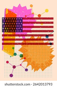 Risograph American Flag with speech bubble with geometric shapes. Objects in trendy riso graph print texture style design with geometry elements.