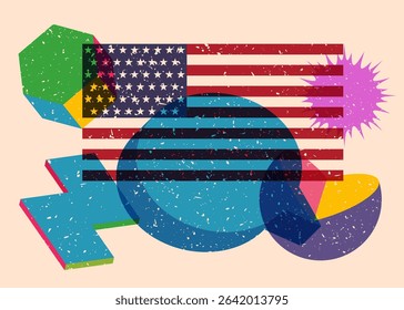 Risograph American Flag with speech bubble with geometric shapes. Objects in trendy riso graph print texture style design with geometry elements.