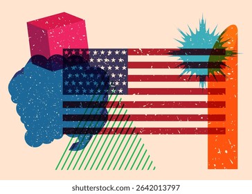 Risograph American Flag with speech bubble with geometric shapes. Objects in trendy riso graph print texture style design with geometry elements.
