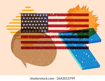 Risograph American Flag with speech bubble with geometric shapes. Objects in trendy riso graph print texture style design with geometry elements.