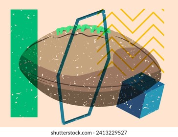Risograph American Football Ball with geometric shapes. Objects in trendy riso graph print texture style design with geometry elements.