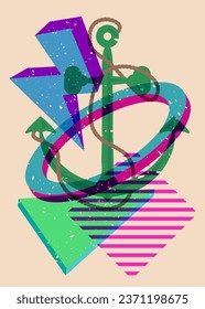 Risograph Anchor and geometric shapes. Nautical Object in trendy riso graph design, print texture style.