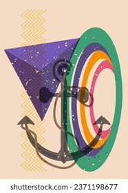 Risograph Anchor and geometric shapes. Nautical Object in trendy riso graph design, print texture style.