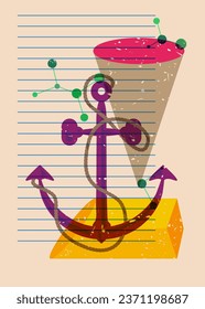 Risograph Anchor and geometric shapes. Nautical Object in trendy riso graph design, print texture style.