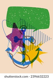 Risograph Anchor and speech bubble with geometric shapes. Nautical Object in trendy riso graph design, print texture style.