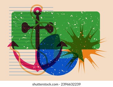 Risograph Anchor and speech bubble with geometric shapes. Nautical Object in trendy riso graph design, print texture style.