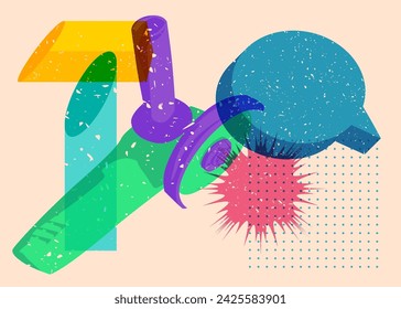 Risograph Angle grinder, Power Tool with geometric shapes. Objects in trendy riso graph print texture style design with geometry elements.