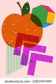 Isographen-Apfel mit geometrischen Formen. Obst und Objekt in trendigem Riso Graphdesign.