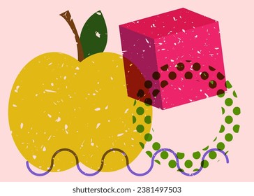 Risograph apple with geometric shapes. Fruit and object in trendy riso graph design.