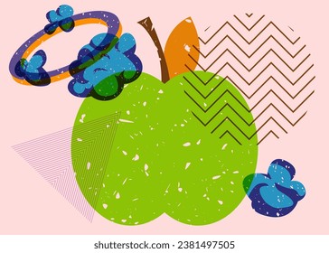 Risograph apple with geometric shapes. Fruit and object in trendy riso graph design.