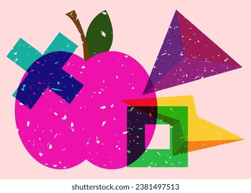 Risograph apple with geometric shapes. Fruit and object in trendy riso graph design.