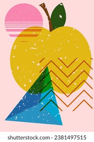 Risograph apple with geometric shapes. Fruit and object in trendy riso graph design.