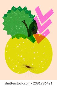 Risograph apple with speech bubble with geometric shapes. Objects in trendy riso graph print texture style design with geometry elements.