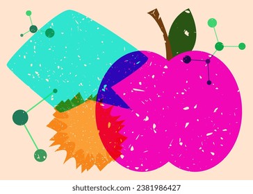 Risograph apple with speech bubble with geometric shapes. Objects in trendy riso graph print texture style design with geometry elements.