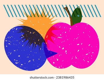 Risograph apple with speech bubble with geometric shapes. Objects in trendy riso graph print texture style design with geometry elements.